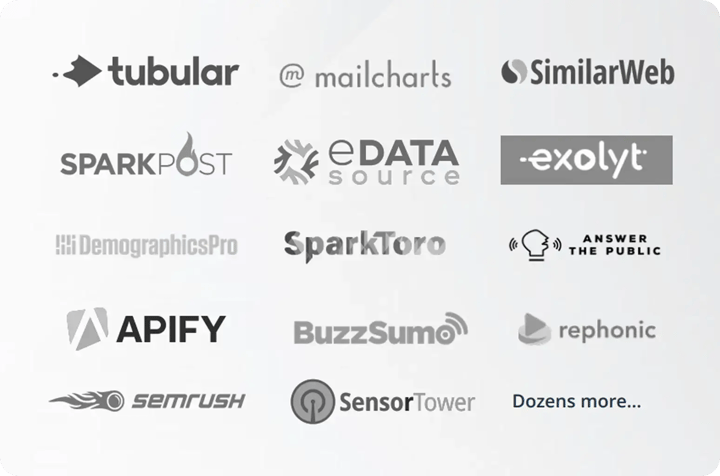 Grid graphic showcasing logos of digital data sources and intelligence partners, including Tubular, SimilarWeb, SparkToro, BuzzSumo, and Answer The Public.