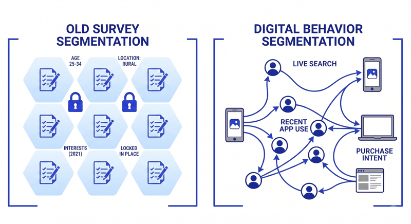 Diagram comparing rigid "Old Survey Segmentation" locked in static demographics against fluid "Digital Behavior Segmentation" mapped across live search, app usage, and purchase intent signals.