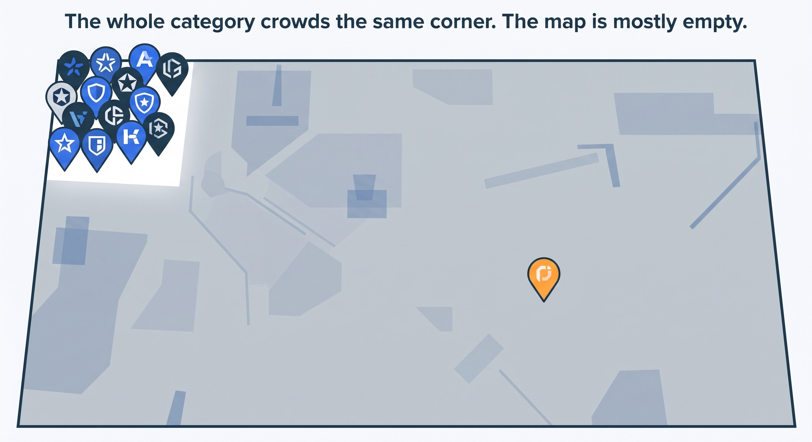 A territory map where many brand pins cluster in one small lit area while most of the map sits empty, one pin alone in the open.