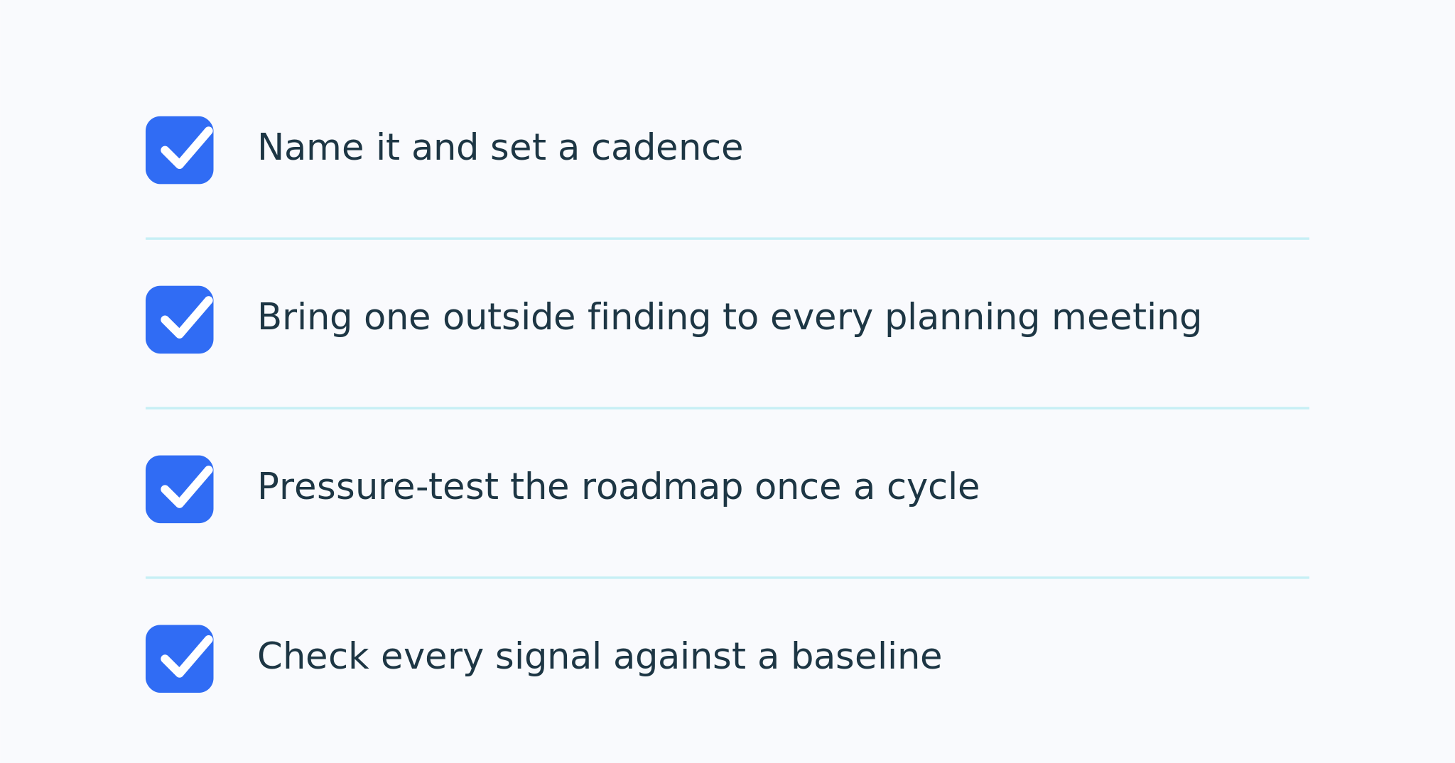 A four-item checklist graphic listing the habits: name someone and set a cadence, bring one outside finding to every planning meeting, pressure-test the roadmap once a cycle, and check every external signal against a baseline.