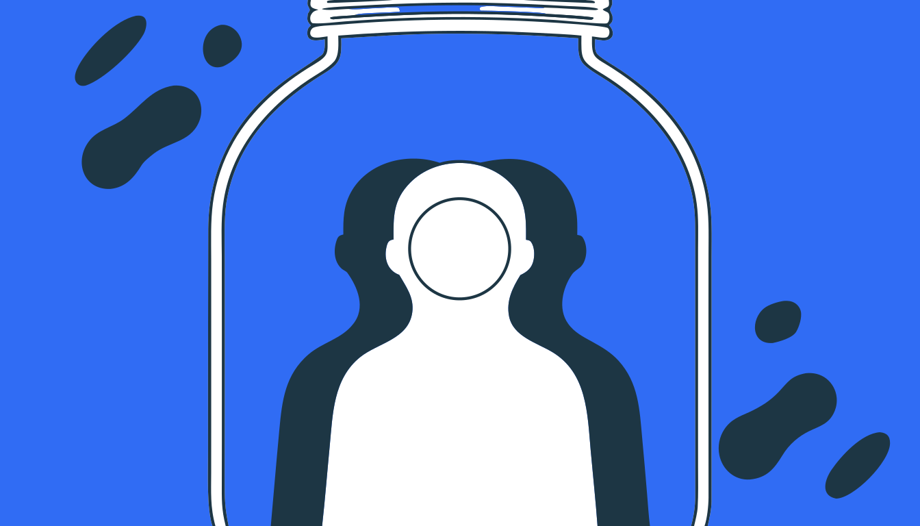 Flat illustration of a person standing inside a glass jar, too close to read the label pressed against their face, with the outside world blurred beyond the glass.