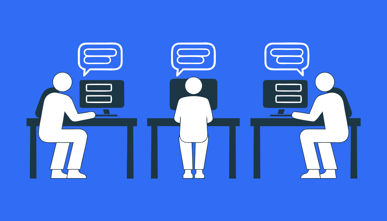 Three marketers at separate desks typing into AI chat windows, each receiving an identical answer above their screen.