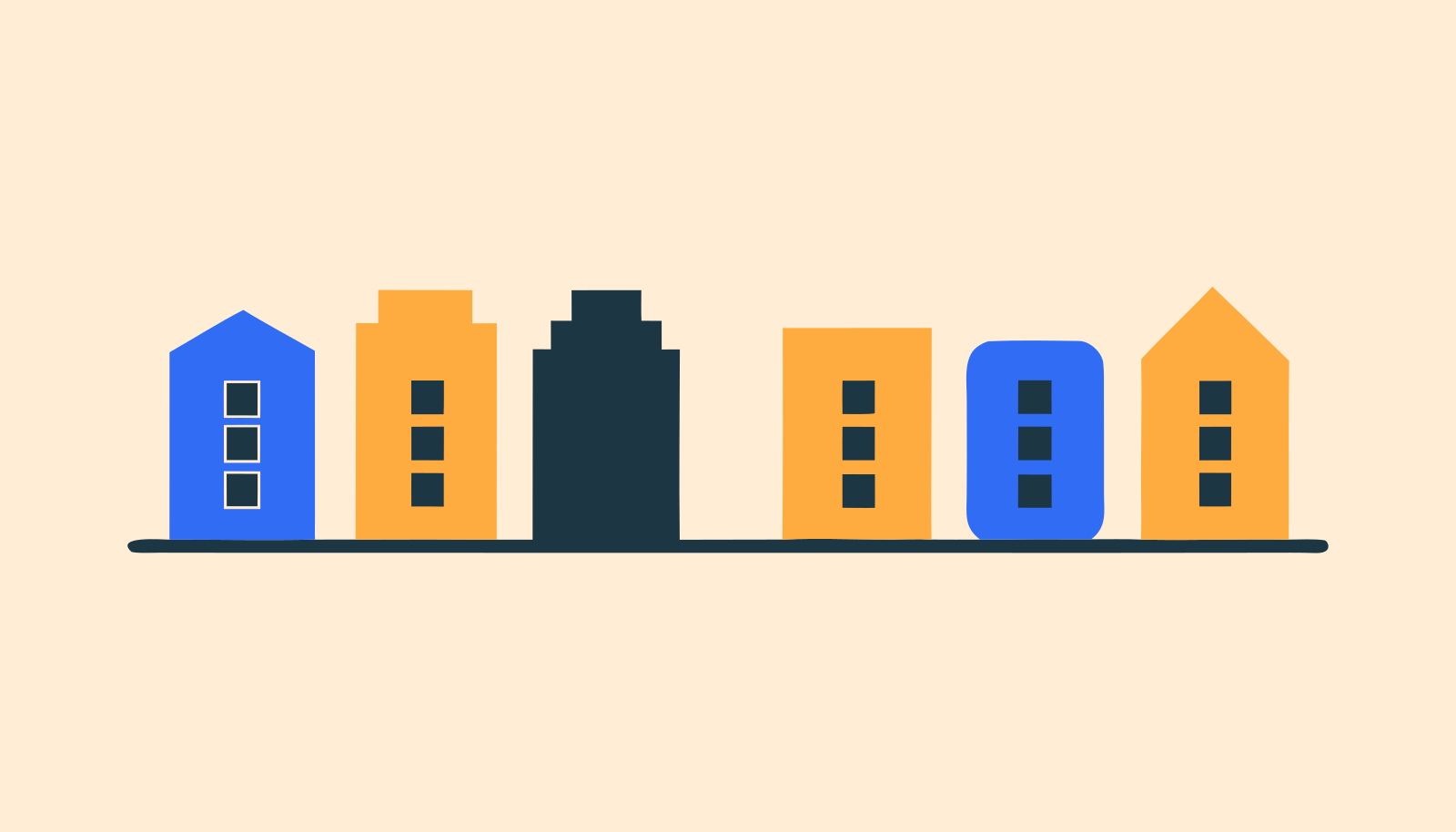 A row of simple building icons along one ground line with one clear gap where a building is missing. No institution names or logos.